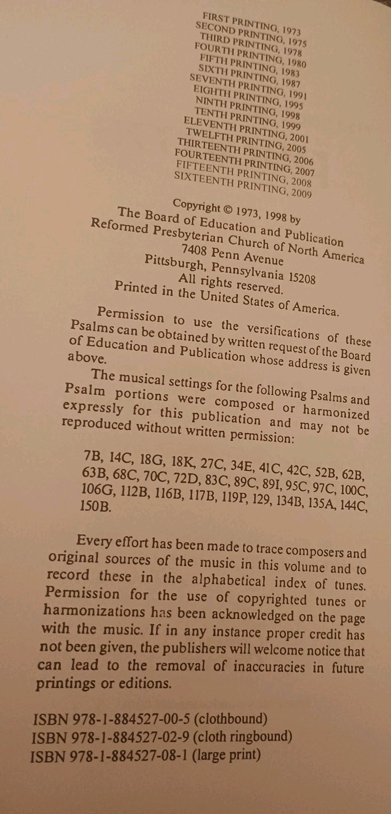 Book of Psalms for Singing Hymns Crown & Covenant Publications 2009 Hardcover