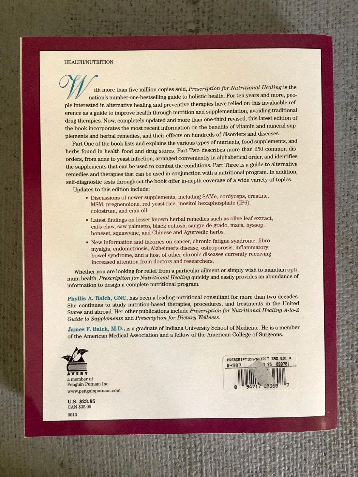 Prescription for Nutritional Healing 3rd Edition, Paperback, by Balch EXCELLENT