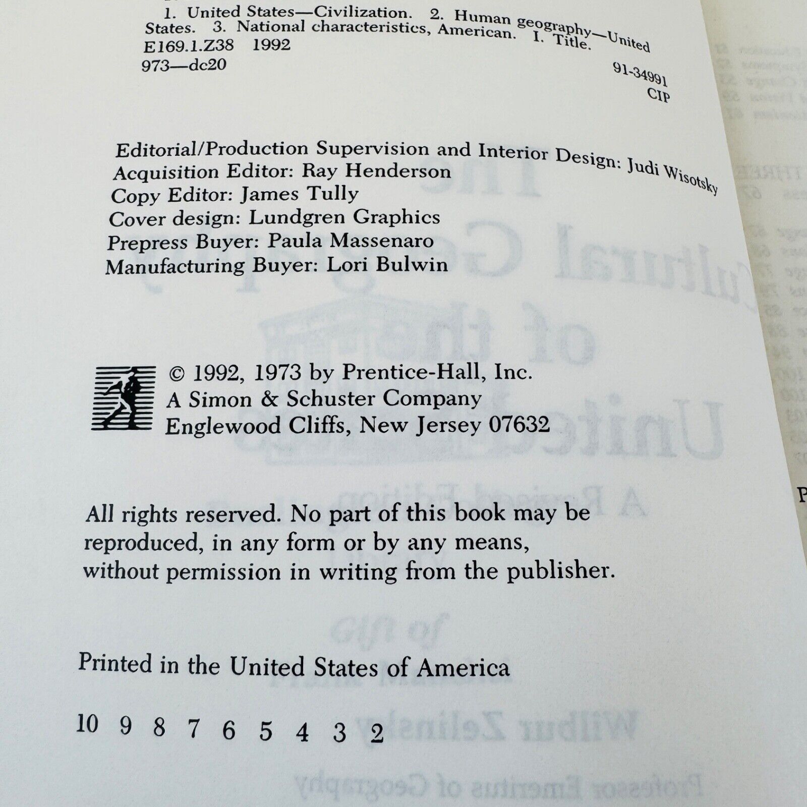 The Cultural Geography of the United States – Zelinsky (1992) Paperback Revised