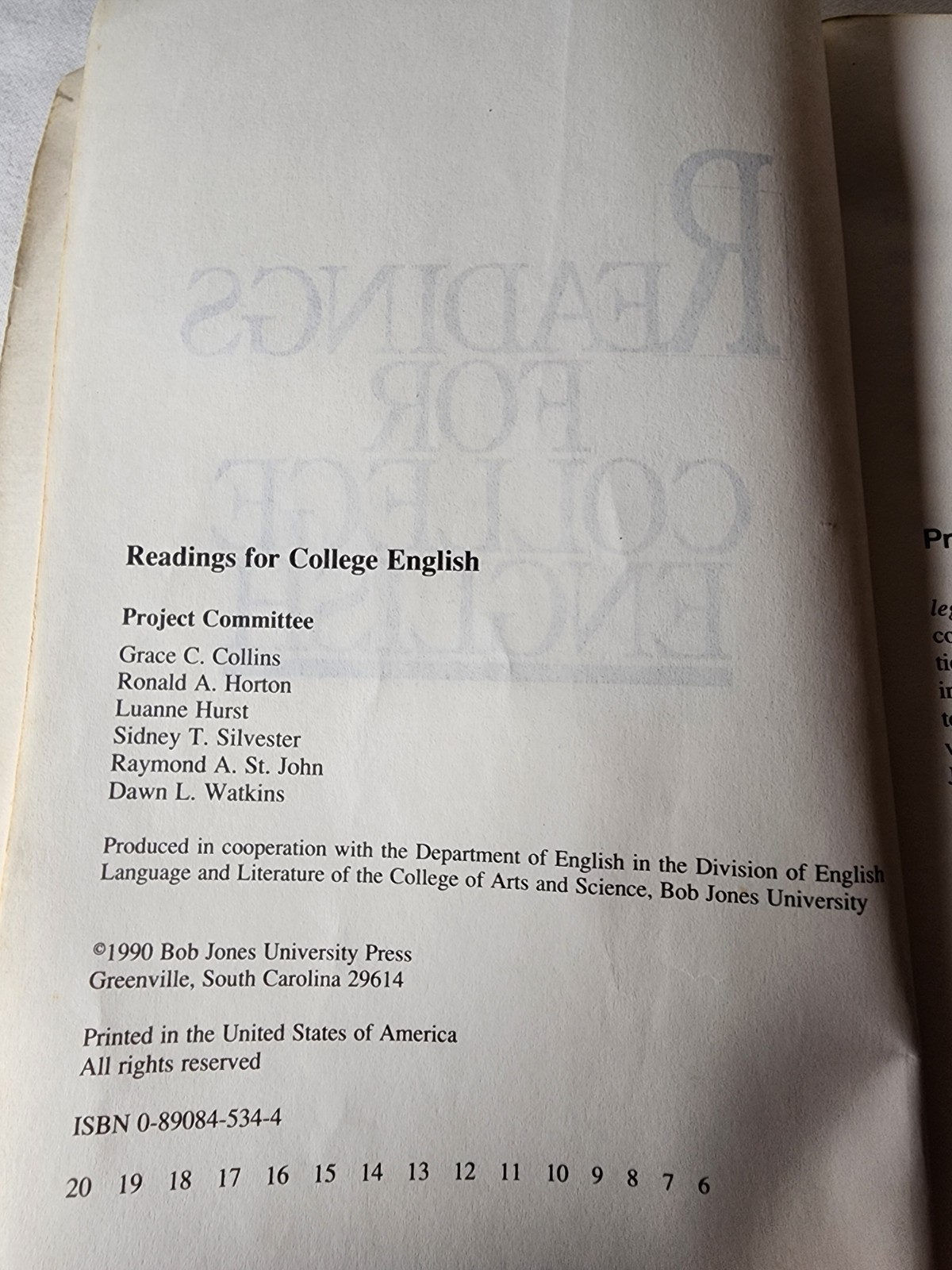 ​Readings for College English – Bob Jones University Press 1990 – ISBN 089084534