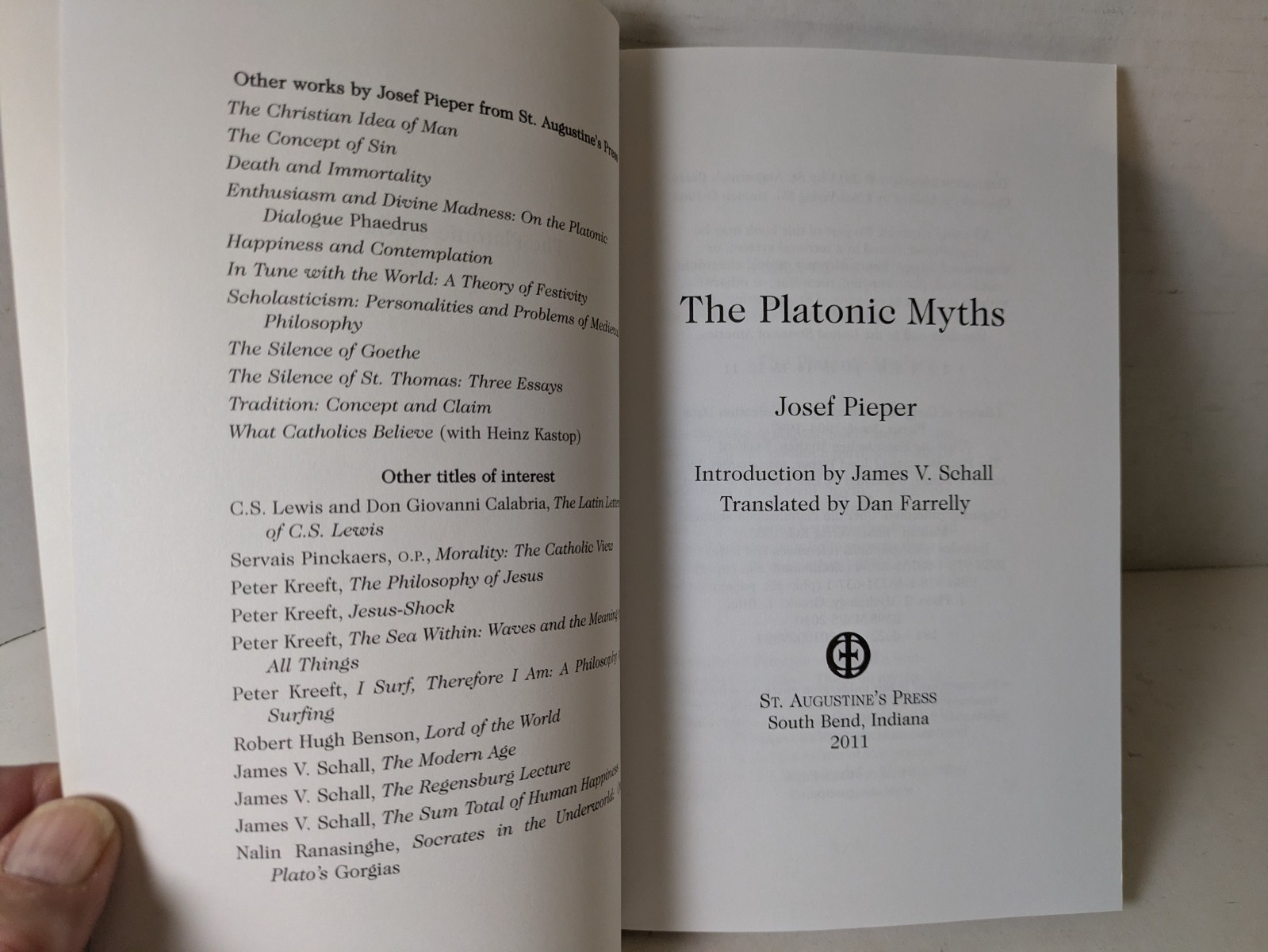 The Platonic Myths JOSEF PIEPER Trade Paperback St Augustine’s Press 2011 NEW 11