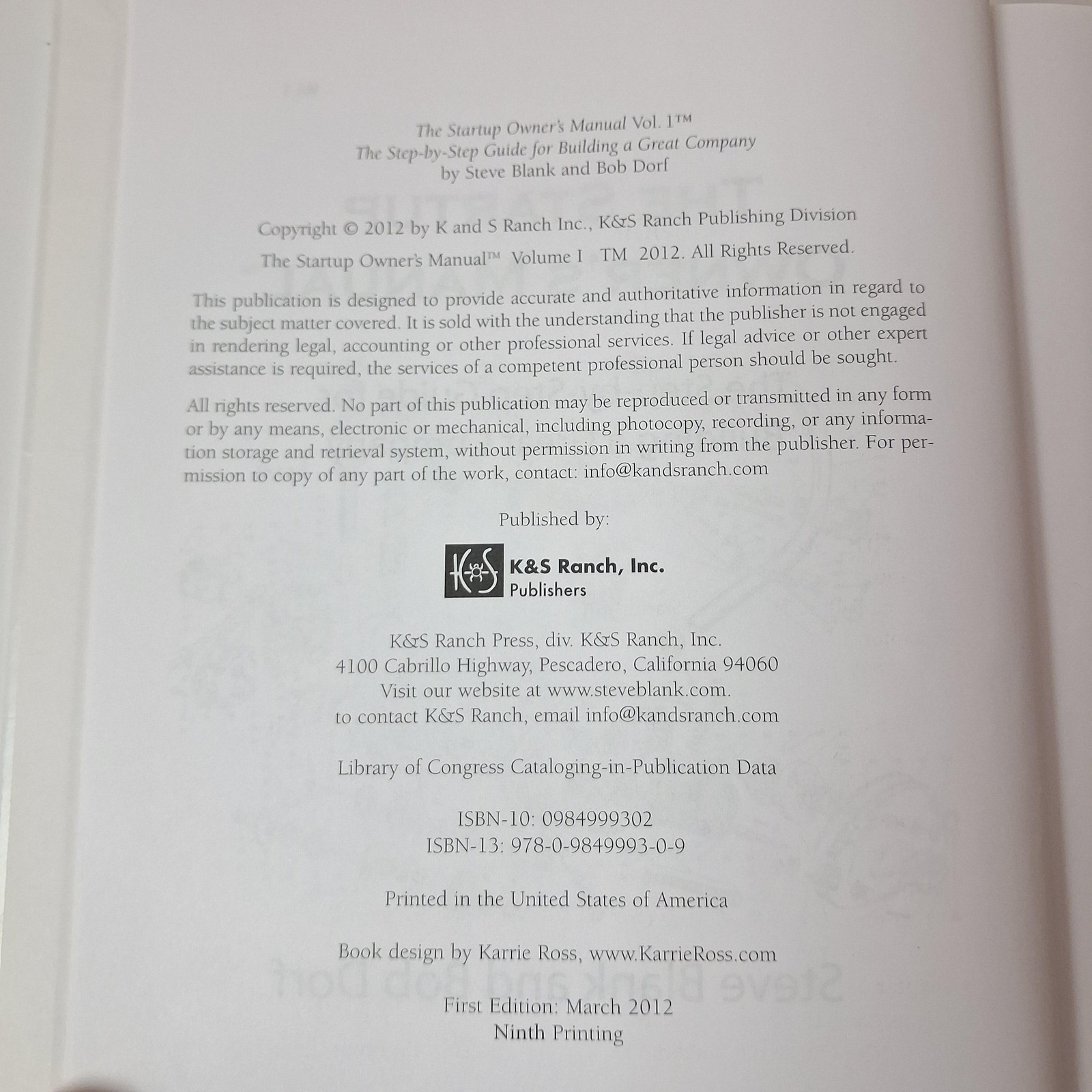 The Startup Owner’s Manual Steve Blank Bob Dorf K&S Ranch White HC 2012