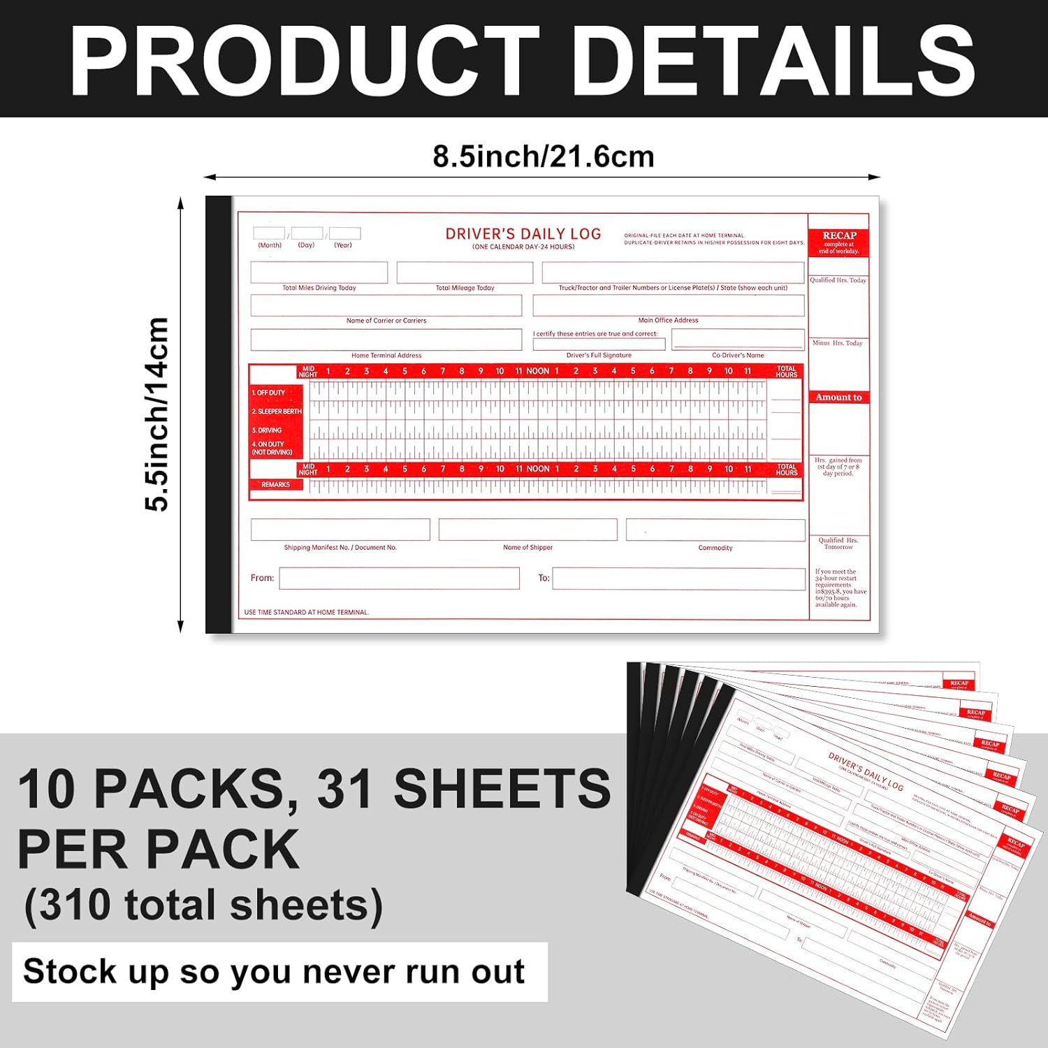 10 Pack Driver Daily Log Book 8.5″ x 5.5″ Log Book with Detailed Driver Vehicle