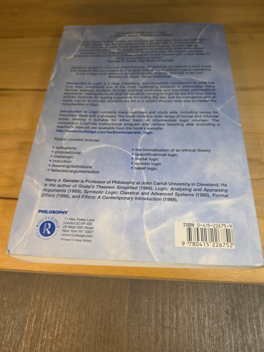Introduction to Logic by Henry J. Gensler (2001, Uk-B Format Paperback)