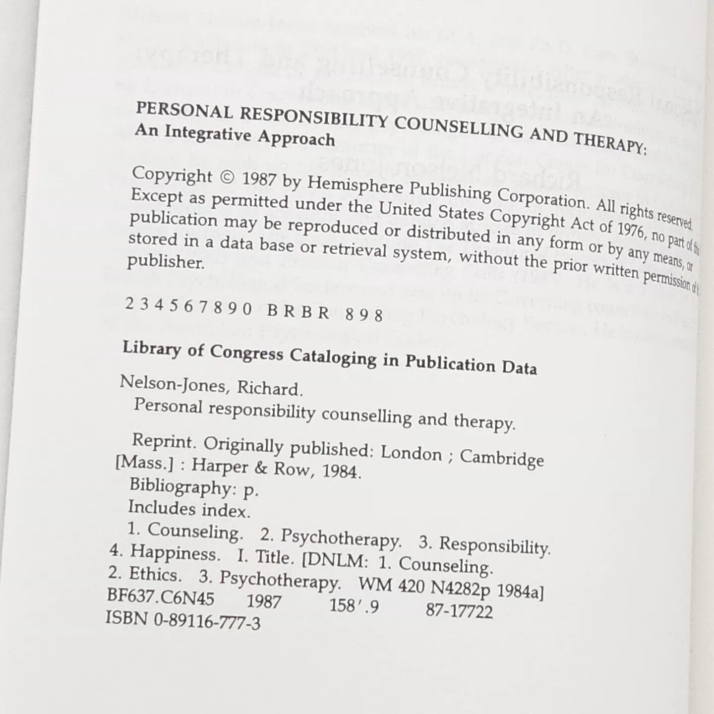Personal Responsibility Counseling and Therapy Richard Nelson-Jones Book 1987