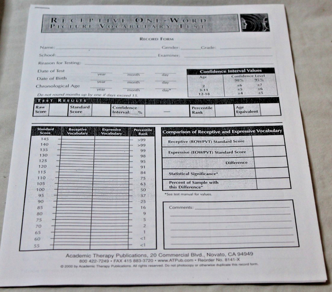 Academic Therapy Publications Receptive One-Word Picture Vocabulary Test Set