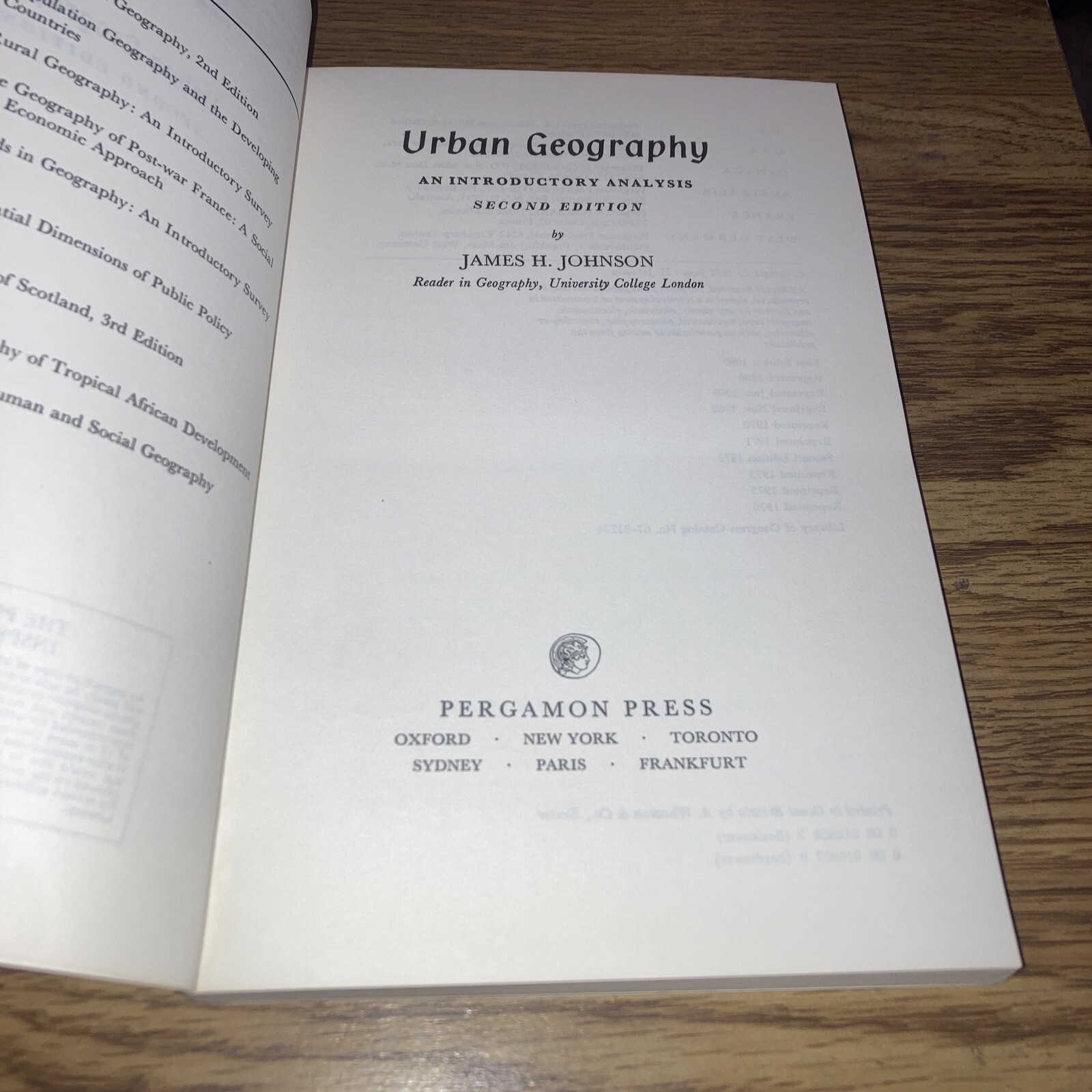 Urban Geography, James H Johnson 1976 Pergamon Trade Paperback 2nd Ed.