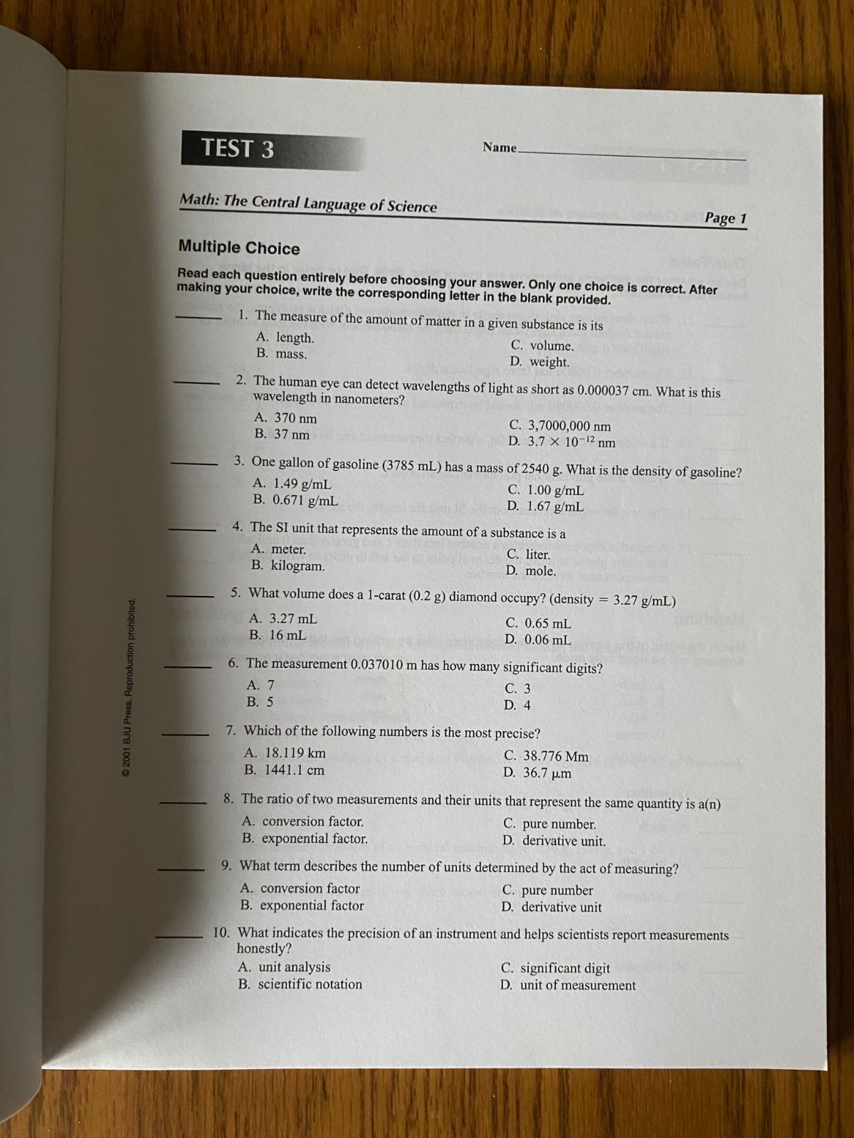 Bob Jones University BJU Chemistry Set with Tests and Test Answer Key