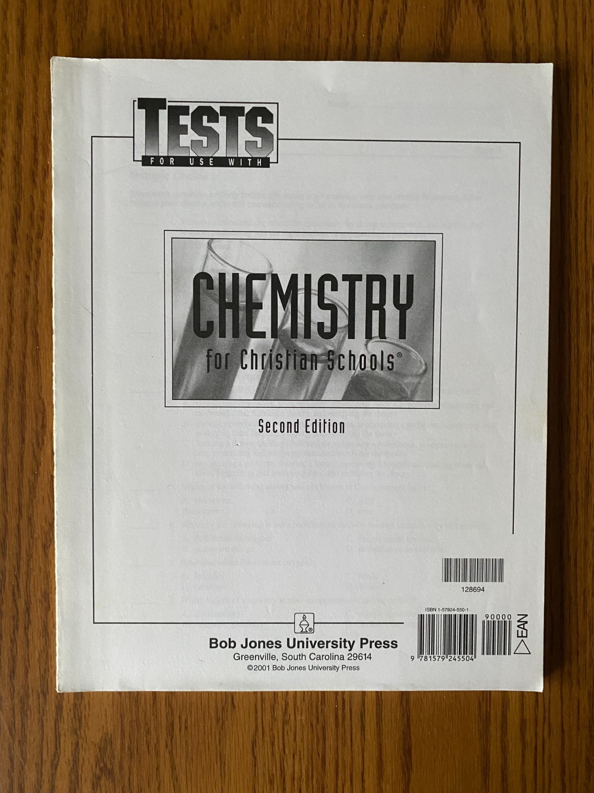 Bob Jones University BJU Chemistry Set with Tests and Test Answer Key