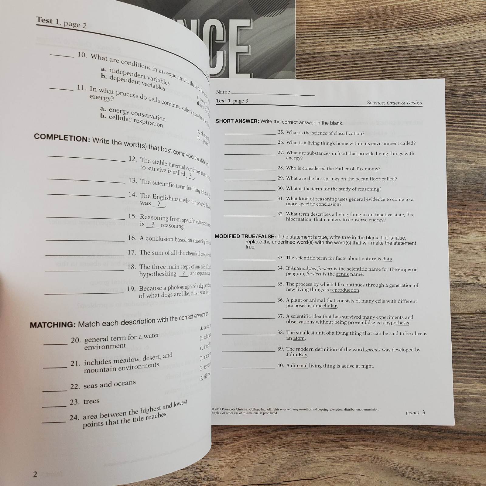 Abeka Science Order & Design Tests and Teacher’s Key Unused