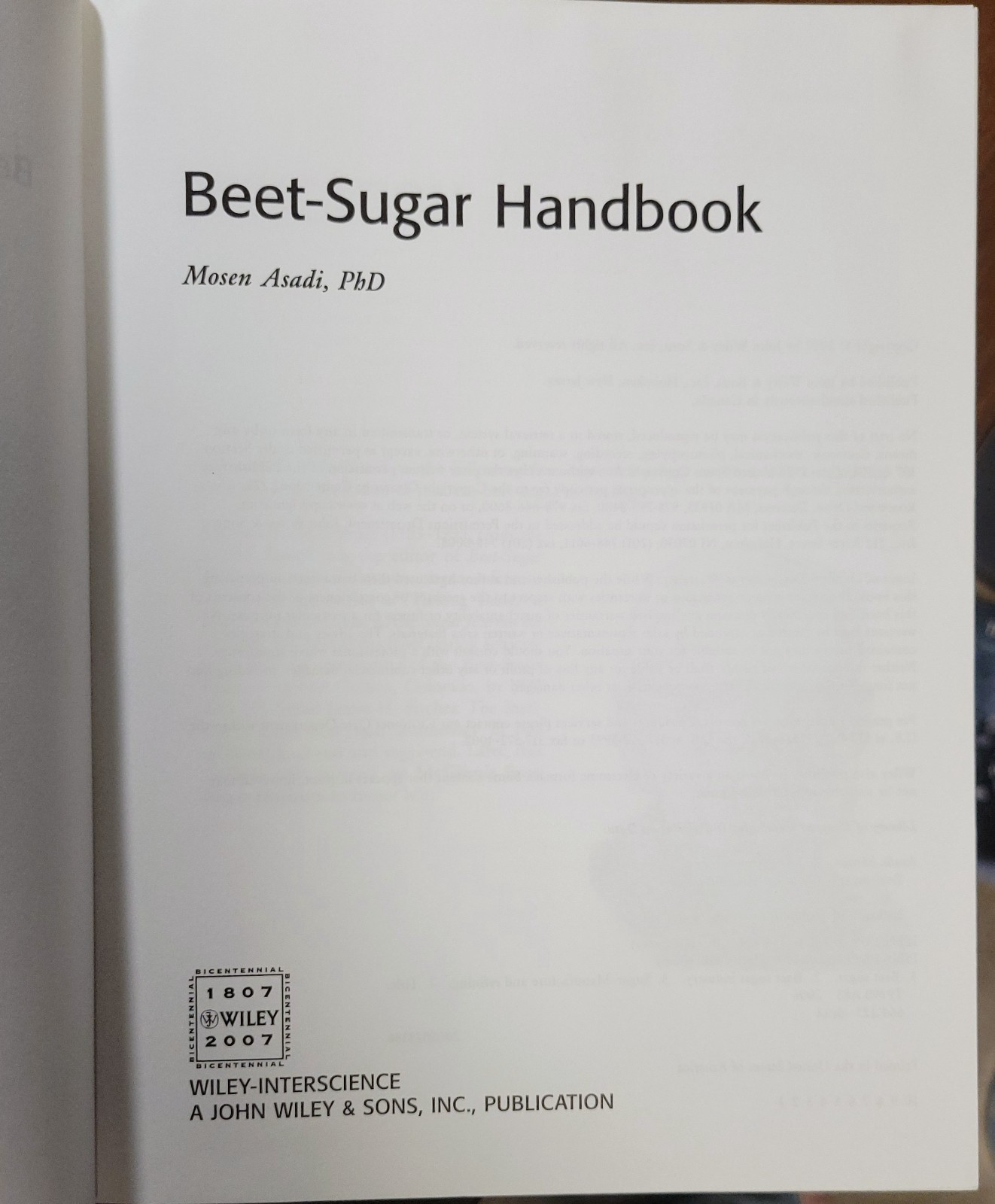 Mosen Asadi BEET-SUGAR HANDBOOK 2007 Edition Hardcover Wiley 880 Pages