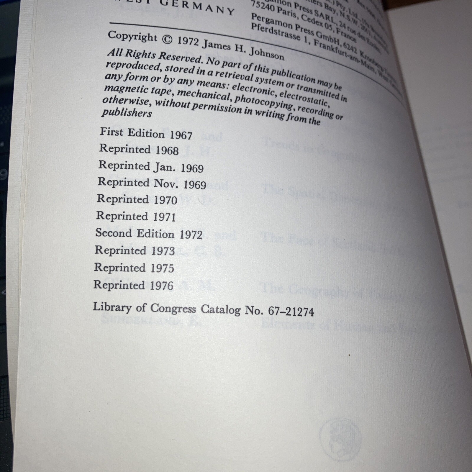 Urban Geography, James H Johnson 1976 Pergamon Trade Paperback 2nd Ed.