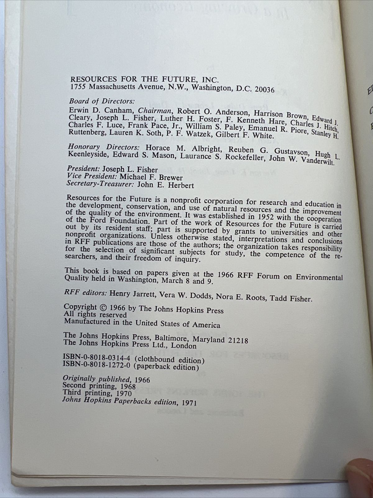 Environmental Quality in a growing economy Ed. Henry Jarrett John Hopkins Press
