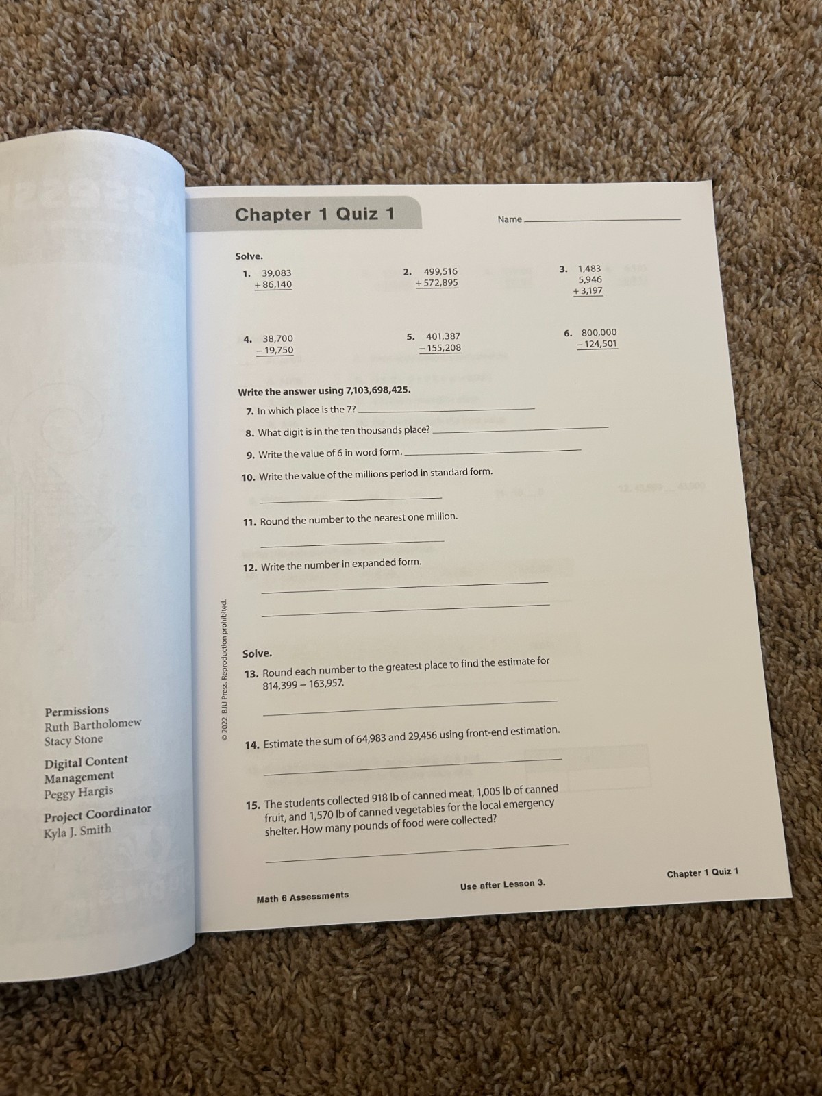 BJU Press -Math 6 Teacher’s Edition 1&2, Assessments, Assessments Answer Key