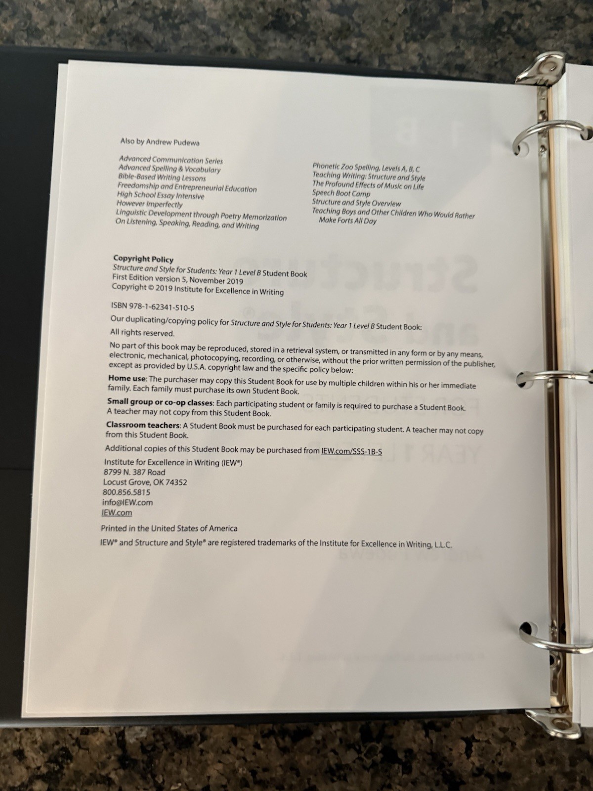 IEW Structure & Style for Students: Year 1 Level B Student Packet Binder SSS 1B