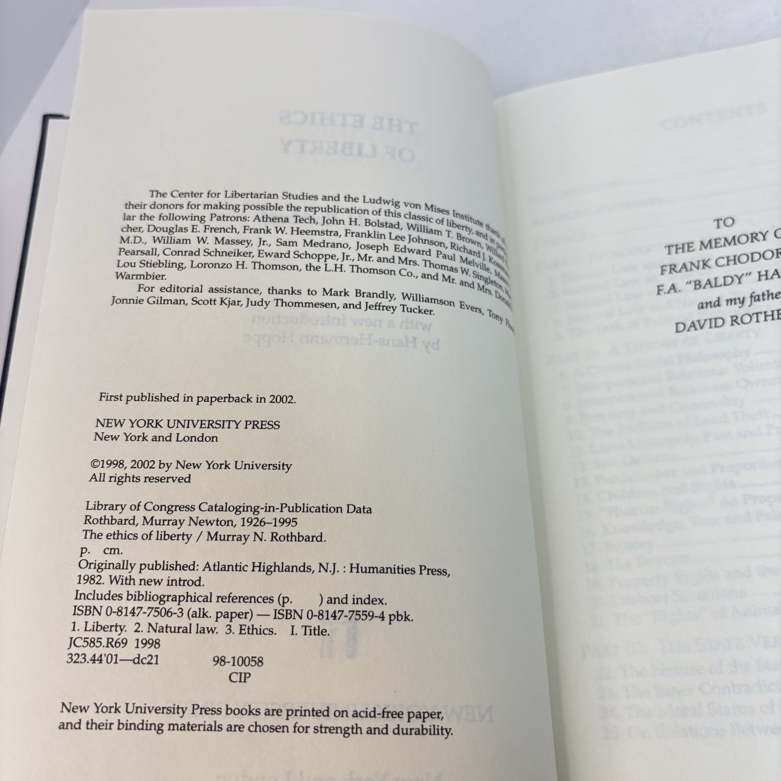 The Ethics of Liberty Murray N Rothbard HC 2002 NYU Press Intro By Hans Hoppe 1V