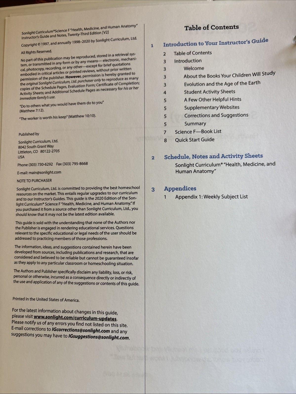 Sonlight Science F Health, Medicine, & Human Anatomy Instructor’s Guide
