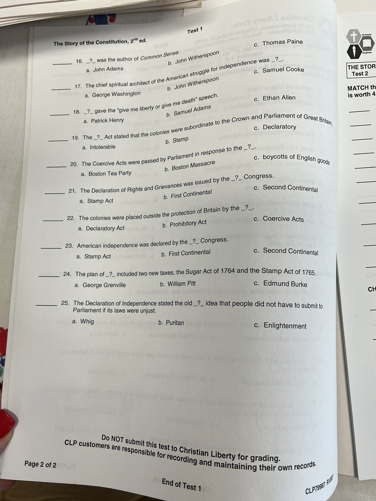 The Story of the Constitution Test Packet Second Ed~Christian Liberty P12 05