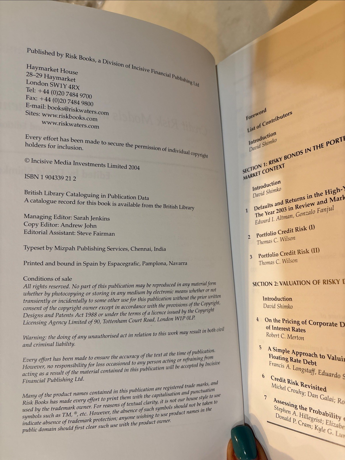 CREDIT RISK: MODELS AND MANAGEMENT, SECOND EDITION By David Shimko – HC 2004