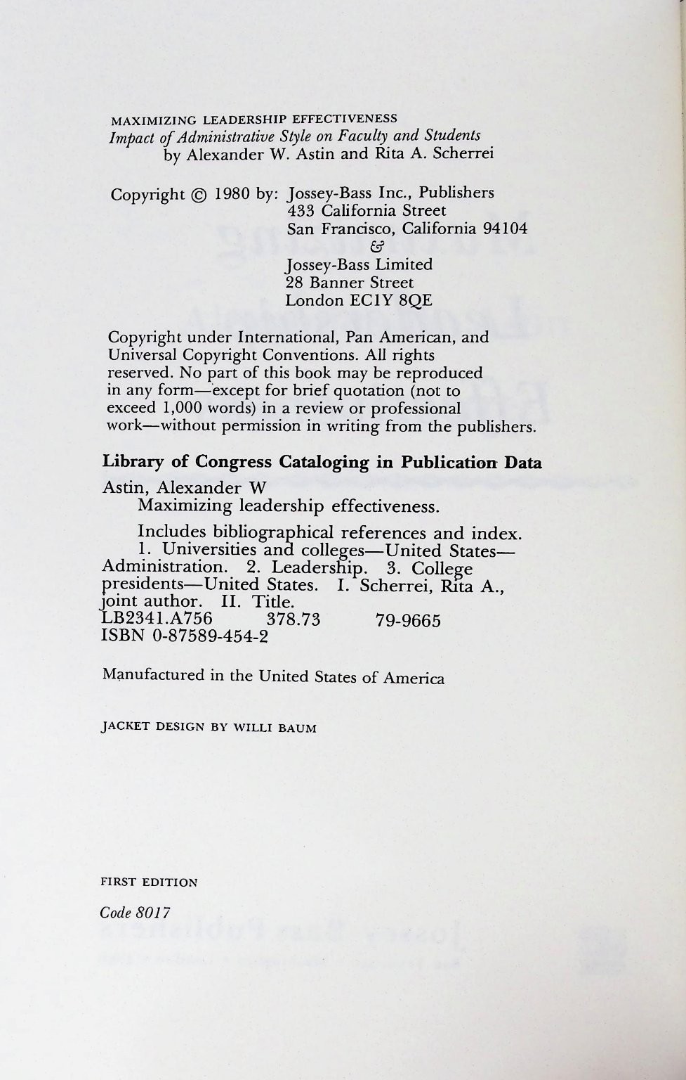 Maximizing Leadership Effectiveness Astin Scherrei 1980 First Ed Jossey-Bass