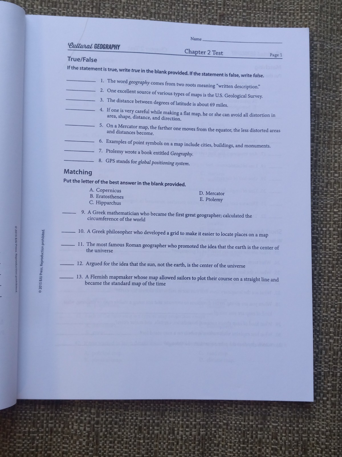 BJU Press Homeschool Cultural Geography Student Tests Booklet New!!!!!!!