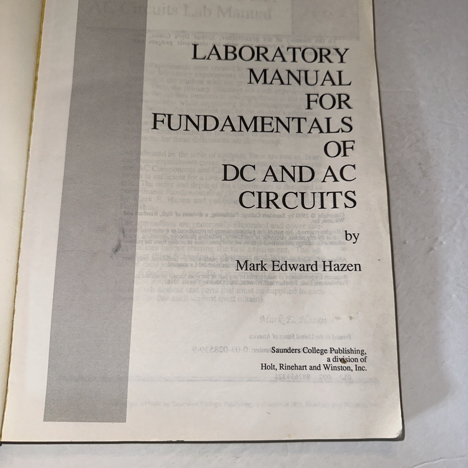 Fundamentals of Dc and Ac Circuits Lab Manual Mark Hazen 1990 Paperback