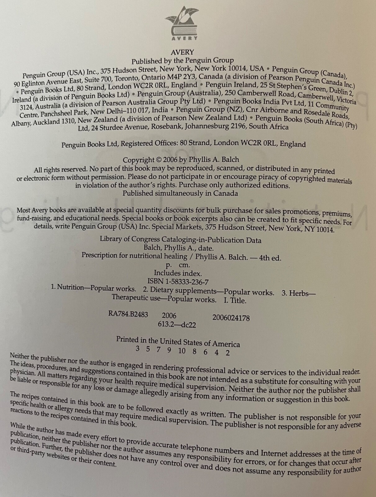 Prescription for Nutritional Healing 4th Edition Balch 2006 PB