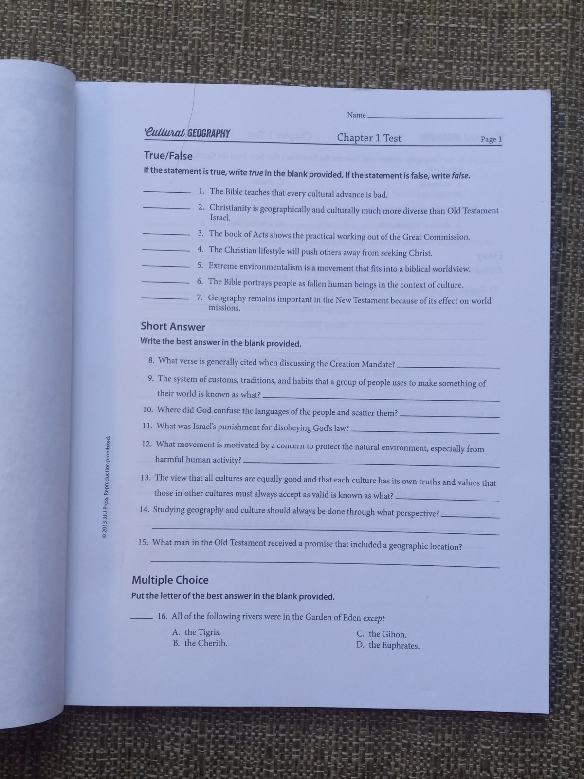 BJU Press Homeschool Cultural Geography Student Tests Booklet New!!!!!!!