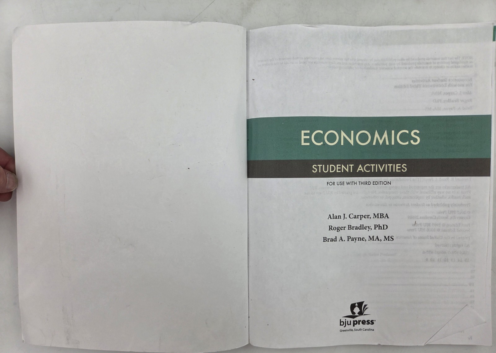 BJU Press Economics Student Activities 3rd Edition PB #500561-009-01 USED-GOOD