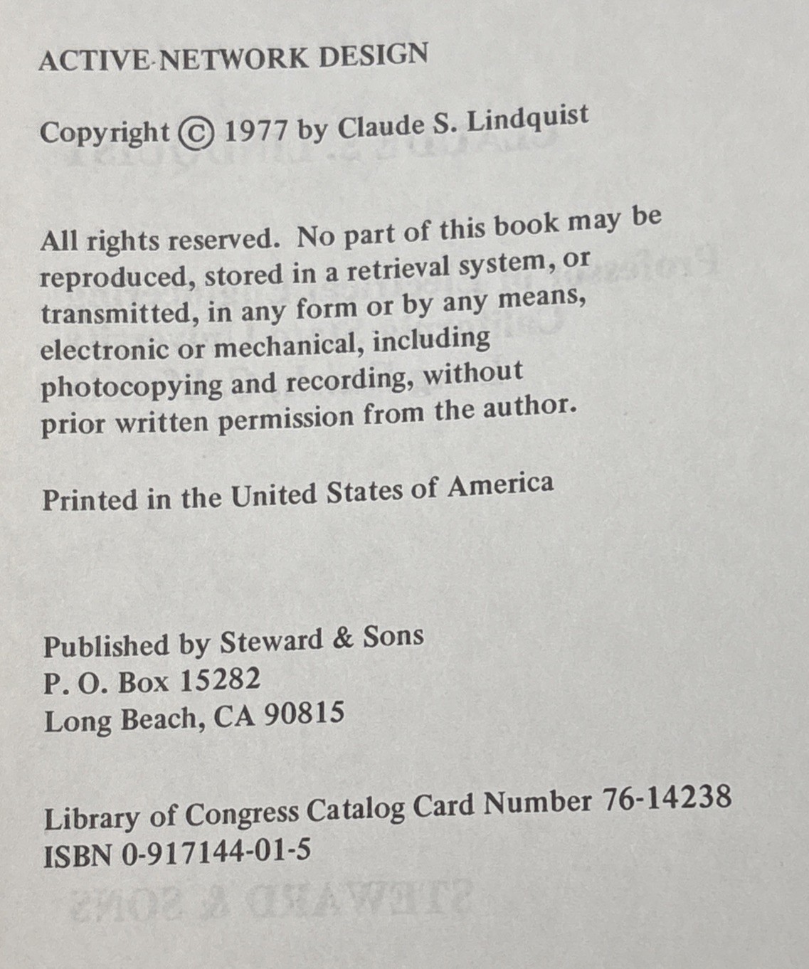ACTIVE NETWORK DESIGN w/ Signal Filtering Applications By: Lindquist 1977 1st Ed