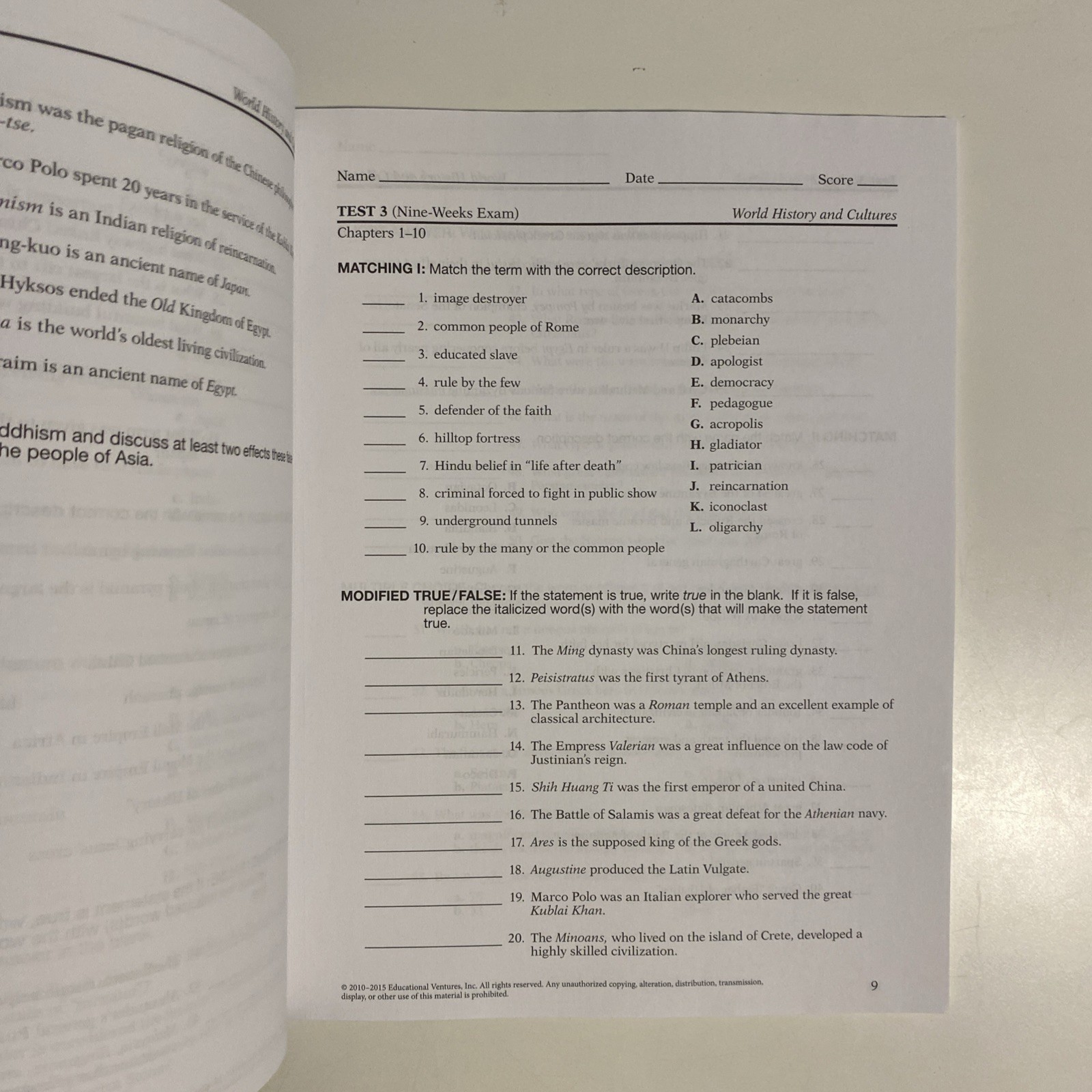 World History and Cultures Test and Map Project Book third ed