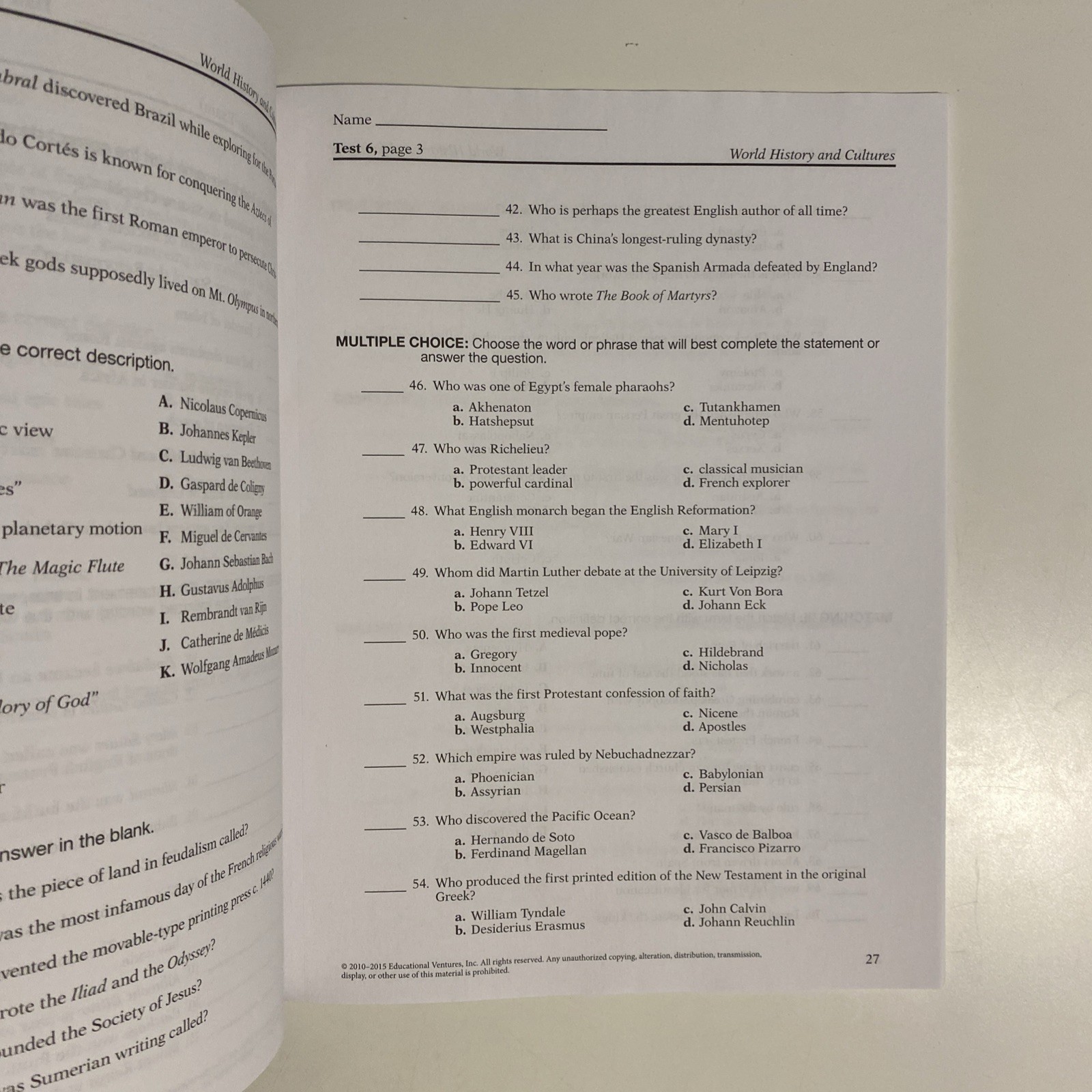 World History and Cultures Test and Map Project Book third ed