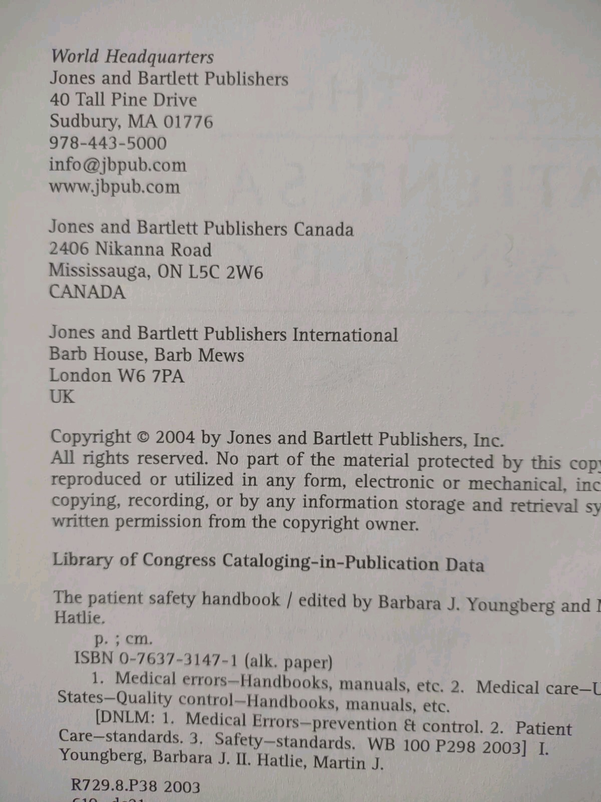 THE PATIENT SAFETY HANDBOOK By Barbara J. Youngberg & Martin J. Hatlie