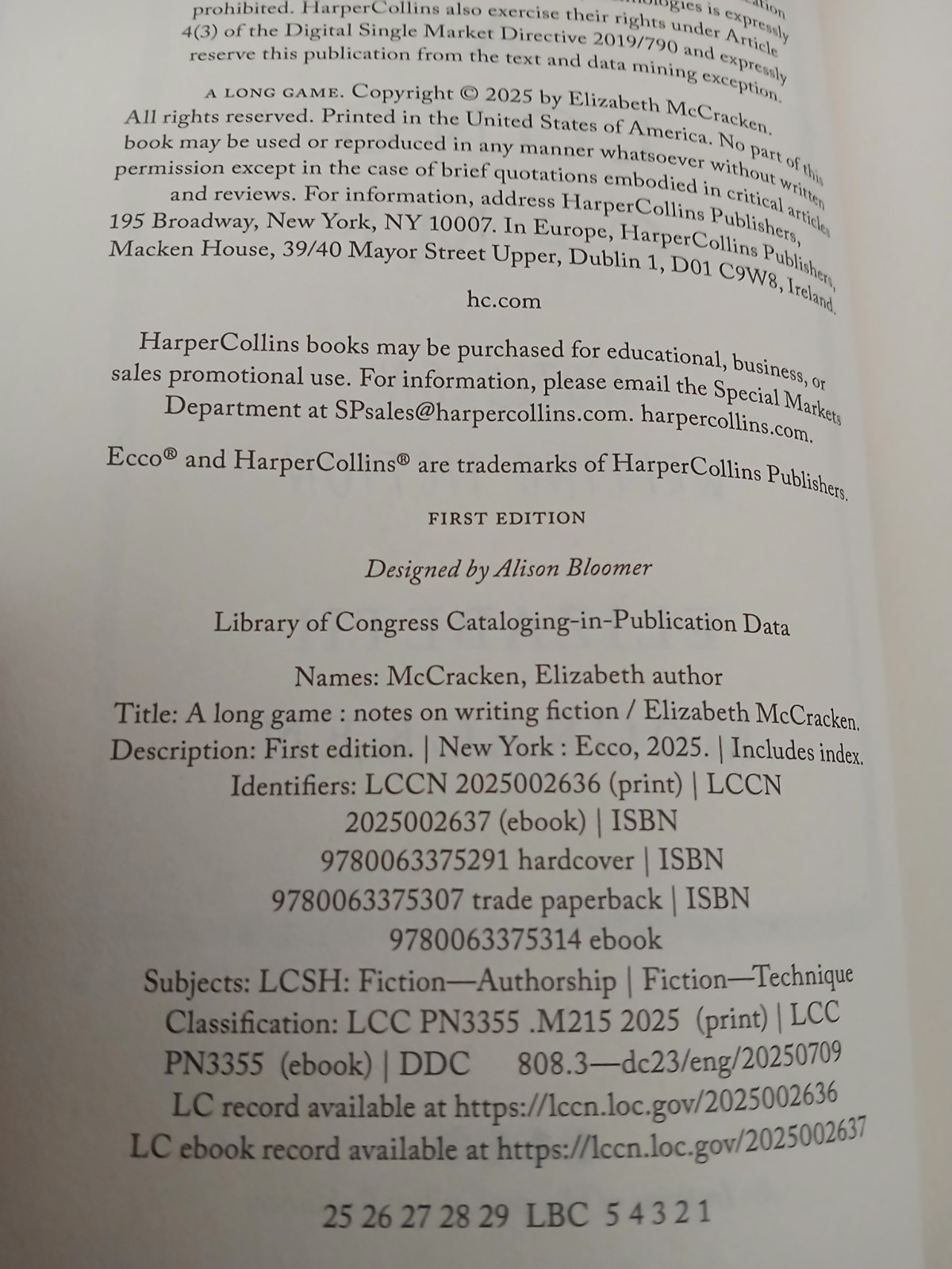 A Long Game: Notes On Writing Fiction by Elizabeth McCracken Hardback