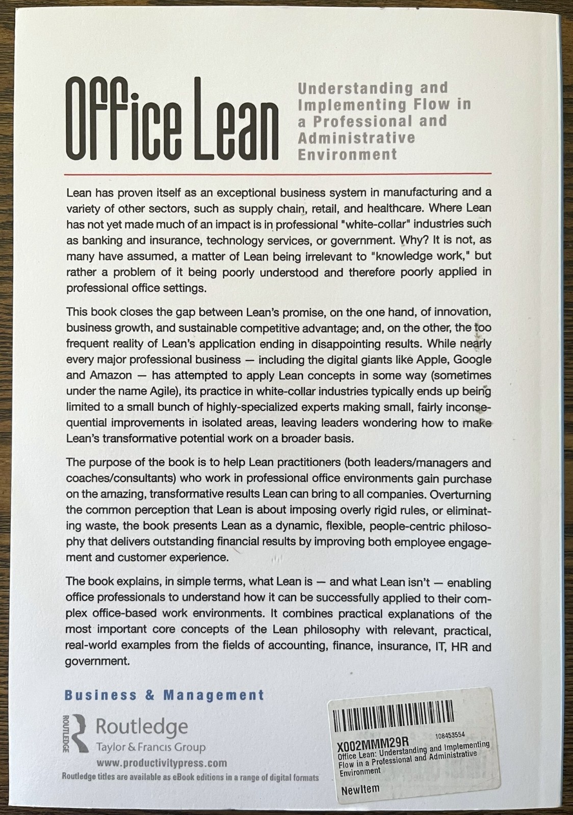 Office Lean: Understanding and Implementing Flow, Softcover : Very Good