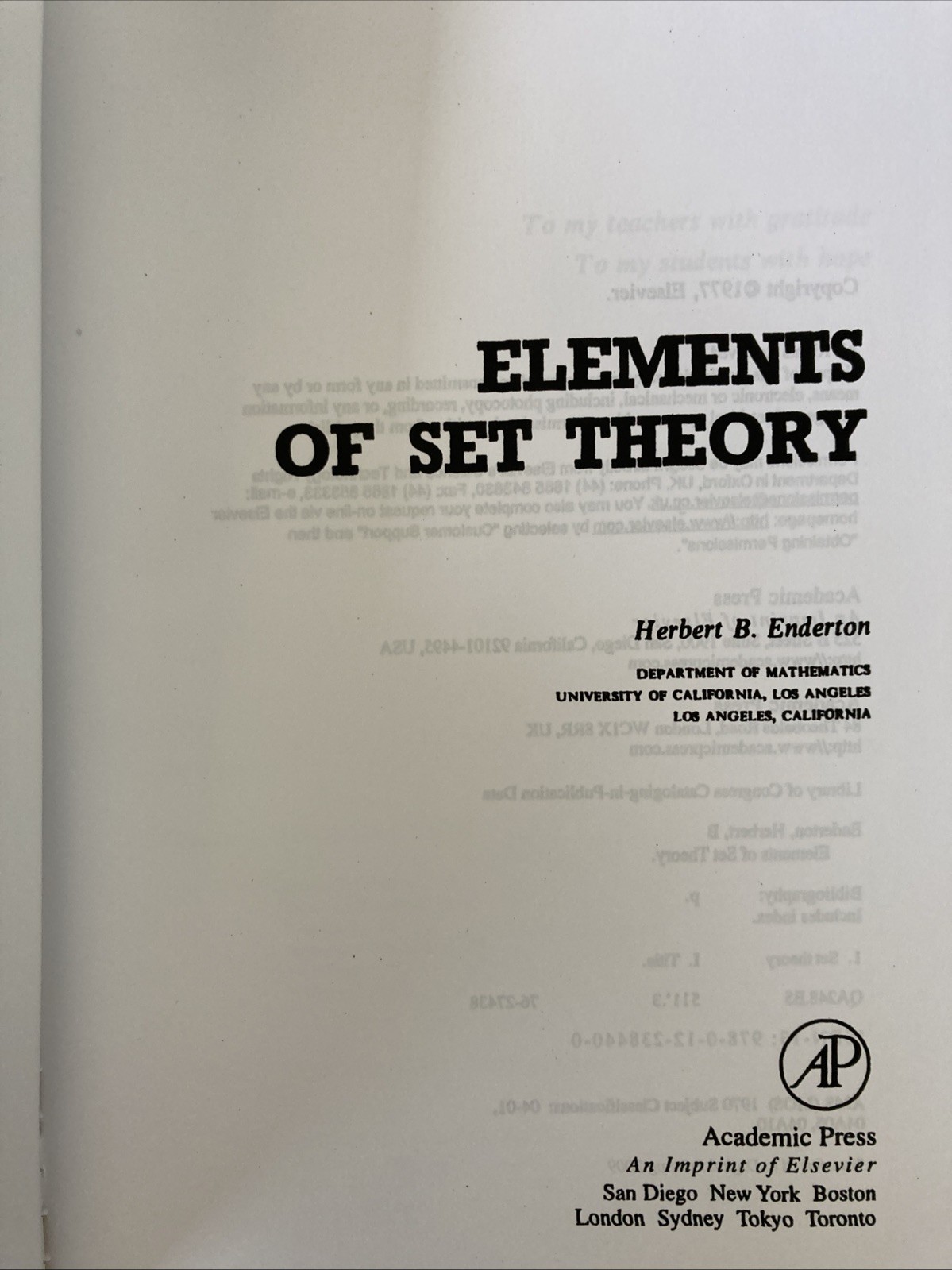 Elements of Set Theory, Herbert B. Enderton (Hardcover, 1977)