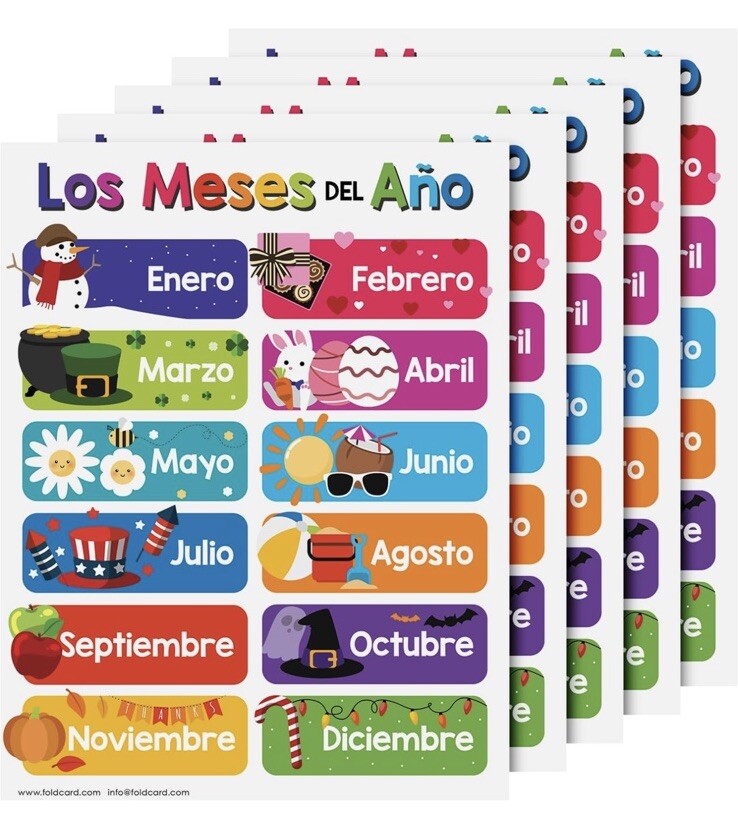 Los Meses del Año Spanish Chart for Preschool to Gradeschool Kids 5 Pack 8.5×11”