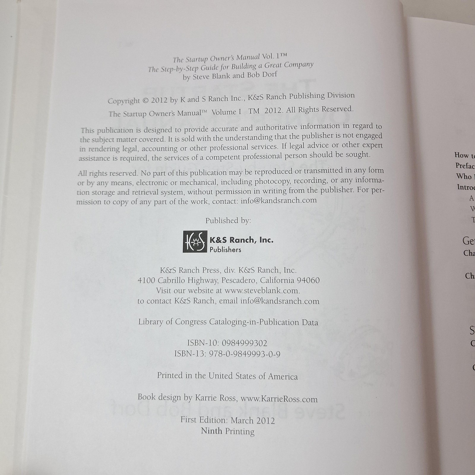 The Startup Owner’s Manual Steve Blank Bob Dorf K&S Ranch White HC 2012