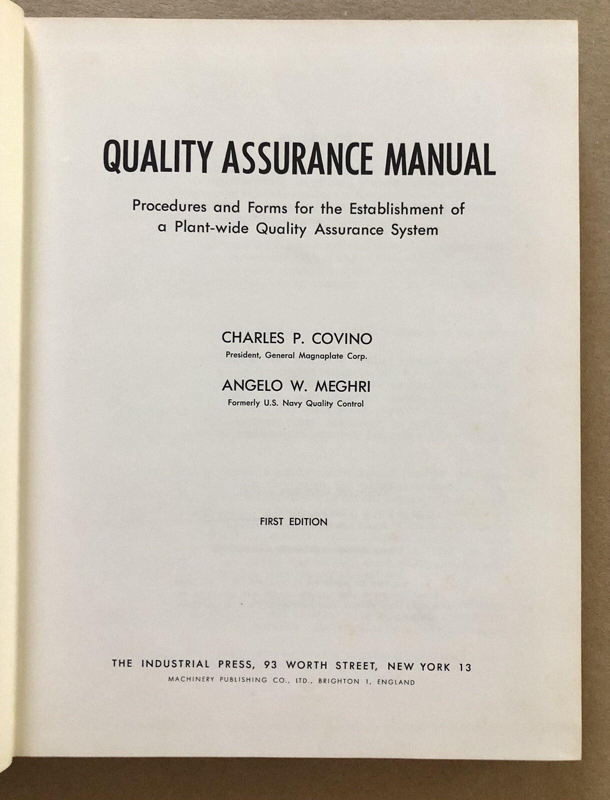 Quality Assurance Manual: Procedures and Forms, 1962 1ST ED The Industrial Press
