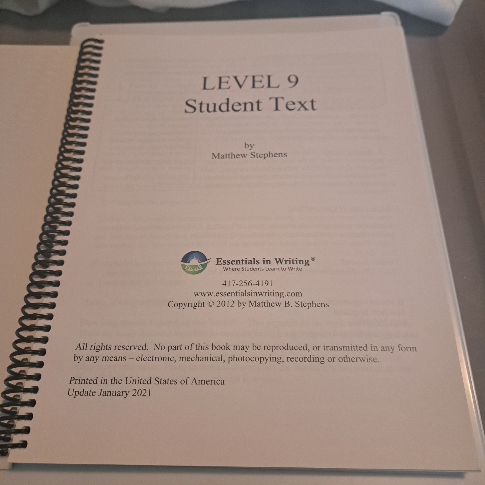 ESSENTIALS IN WRITING Level 9 Text book (spiral) & 3 DVDs Matthew Stephens 2021