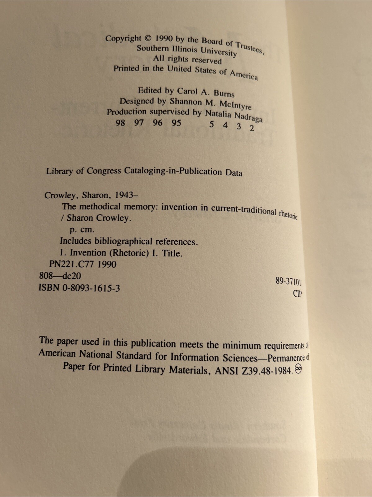 The Methodical Memory: Invention in Current-Traditional Rhetoric, Sharon Crowley