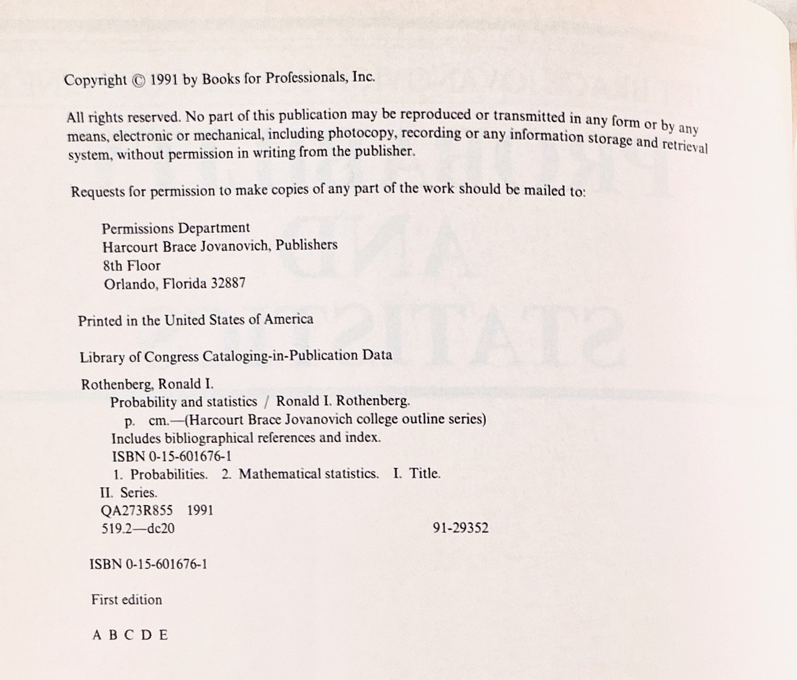 1992 Rothenberg HBJ COLLEGE OUTLINE: PROBABILITY & STATISTICS review manual TPB